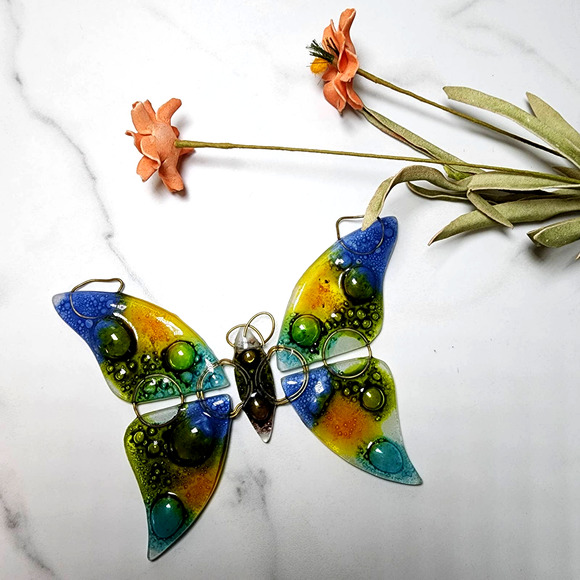 Hand-blown Fused Glass Butterfly Metal Accents Suncatcher Stained Glass - Picture 1 of 7